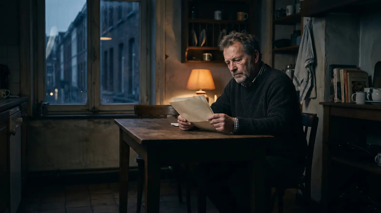 Man aan de keukentafel leest documenten over zijn pensioen