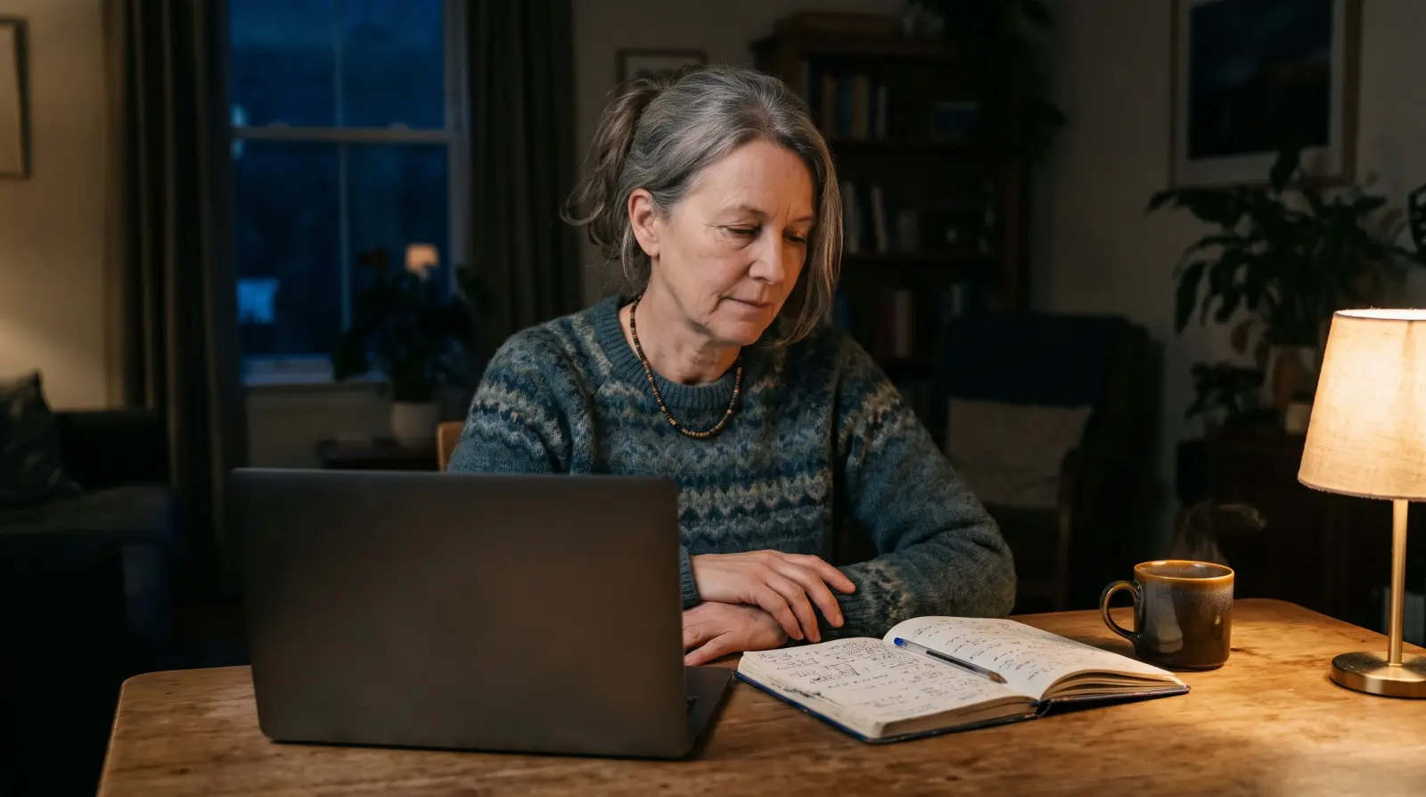 Vrouw aan tafel met notities over haar pensioen